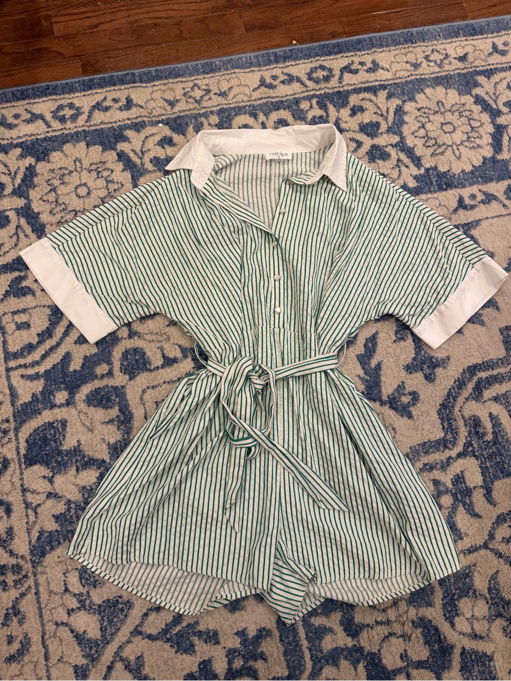Vestique Green and White Striped Button Romper with Tie Waist